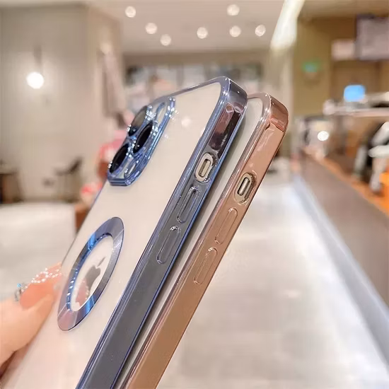 Étui de téléphone de protection de lentille de logo de galvanoplastie transparent pour iPhone 14